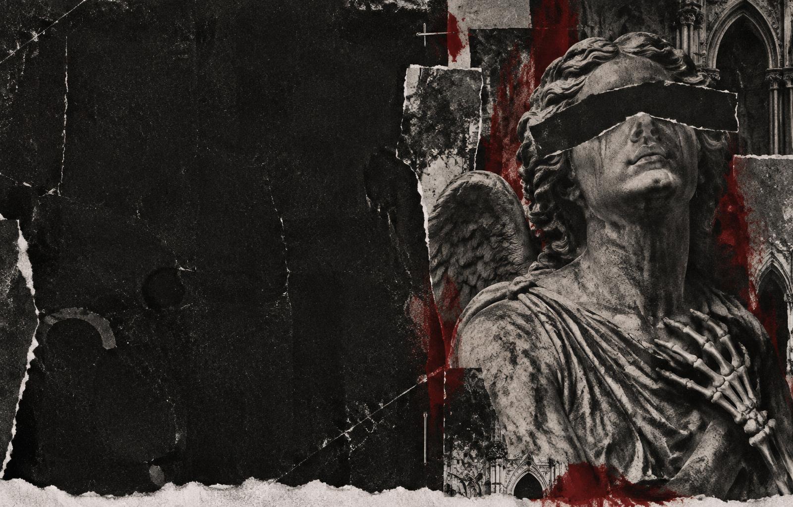 Torn-paper gothic angel collage with blood-red paint and punk photocopy textures
